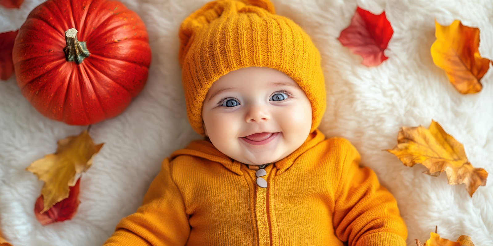 Smiling baby in cozy orange attire enjoying autumn with colorful leaves and a pumpkin